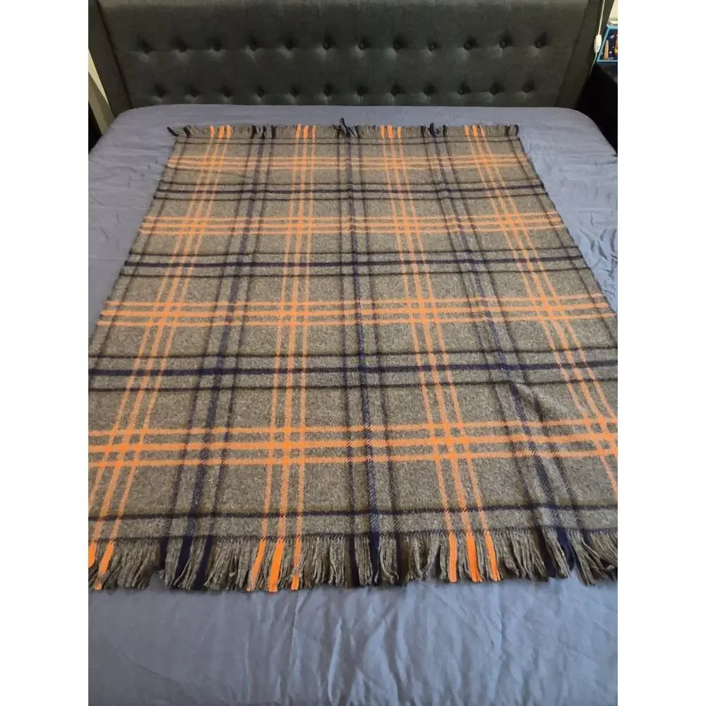 Amana Woolen Mills Gray Blue Orange Fringed Throw Blanket 50x60 NEW IN ORIGINAL